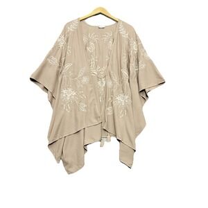 J JILL Floral Embroidered Soft Jacket Kimono Style Beige Size XL** Open Front